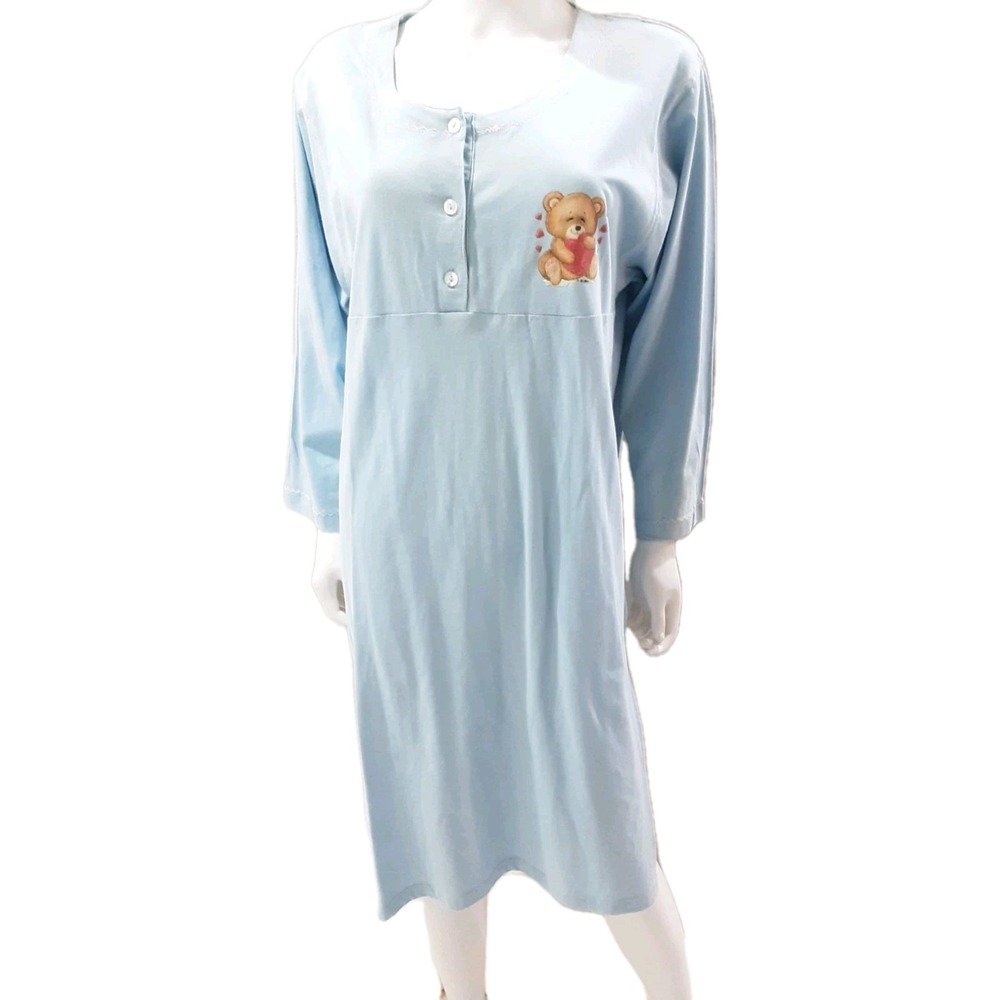Blue Nightgown One Size Fits All Blue Teddy Bear Stretch Comfort Long Sleeve